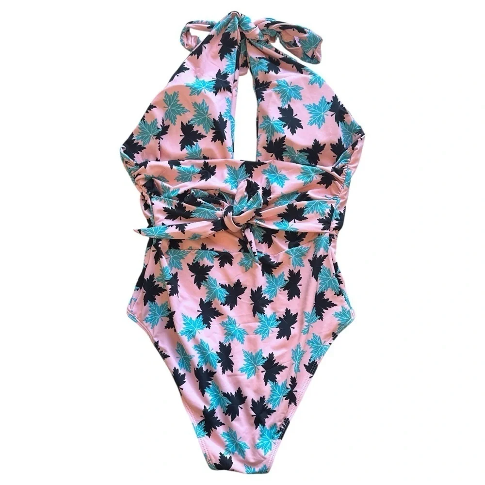 NWT Cupshe Plunge Neck Halter One Piece Swimsuit Pink Leaf Print Women’s Large